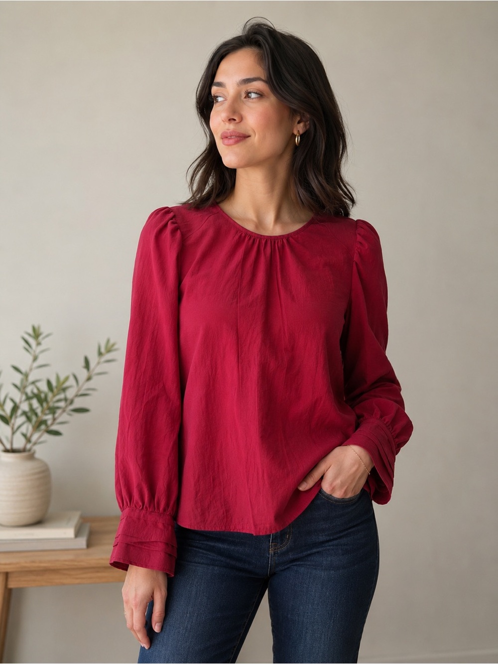 Express Classy Workwear Women’s Long-Sleeve Red Blouse - Classic Round Neck